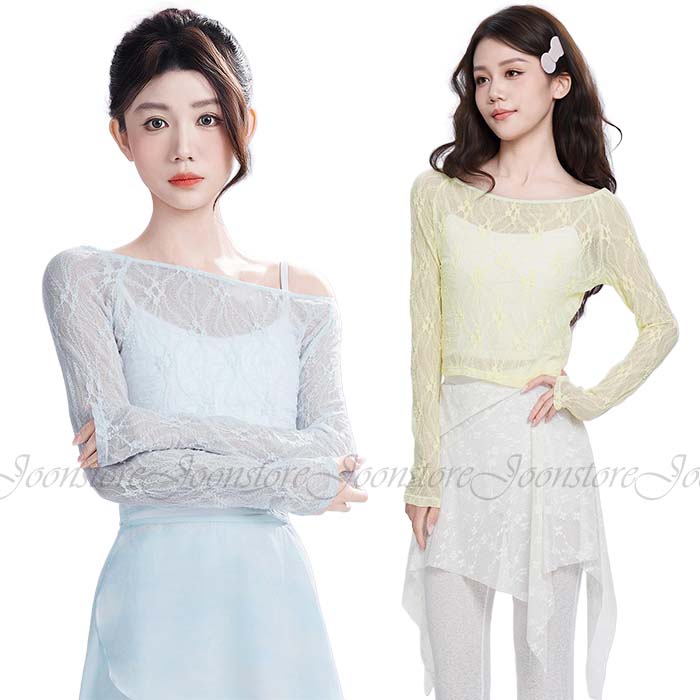 バレエ トップス 大人 レース 長袖 エレガント バレエトップス レースブラウス バレエ上着 動きやすい伸縮生地 冷え防止 ウォームアップ トップス バレエ ヨガウェア フィットネス 社交ダンス 新体操 ブルー パープル イエロー ホワイト