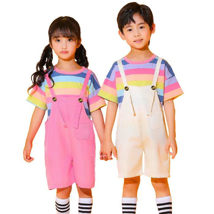 乐天商城 - キッズ 子供用 ダンス衣装 セットアップ 半袖tシャツ サロペット 2点セット 薄手 夏用 キッズ ダンス 衣装 男の子 女の子 ジュニア ダンス衣装 ダンス 服 幼稚園 可愛い 演出服 応援団 発表会 舞台ステージ衣装 公演仮装 団体演出服 100cm~180cm