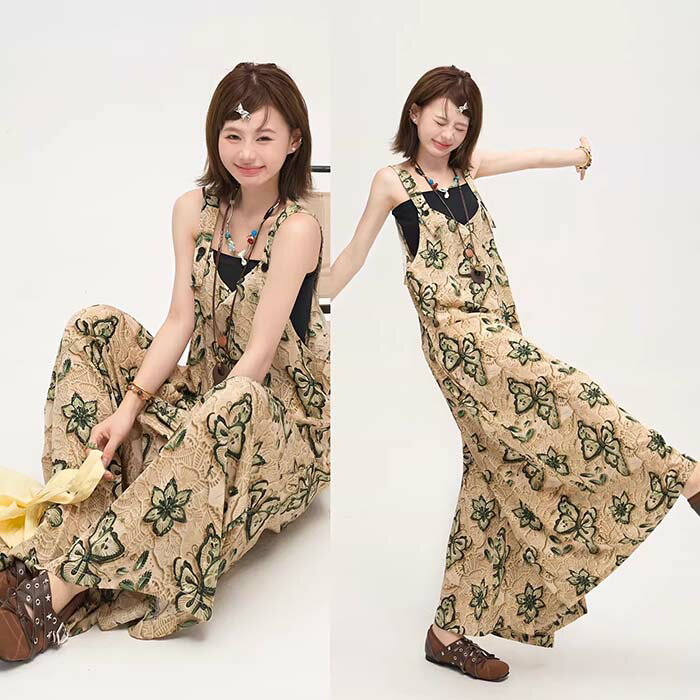 乐天商城 - サロペット レディース オールインワン サロペット ワイドパンツ 蝶柄 体型カバー サロペットパンツ ゆったり つなぎ ワイドパンツ ワイド 大人 カジュアル オーバーオール ボトムス オシャレ かわいい 夏