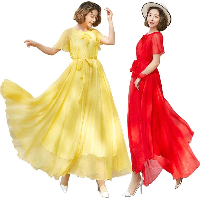 乐天商城 - シフォン ロングワンピース レディース 夏 半袖 ワンピース 無地 ロング丈 ワンピース シフォンワンピース マキシワンピース 裾広がる フレアワンピース マキシワンピ 夏 可愛い きれいめ ウェスト紐 大人ワンピース 旅行 海 ビーチ ワンピ 海外旅行 リゾートワンピース