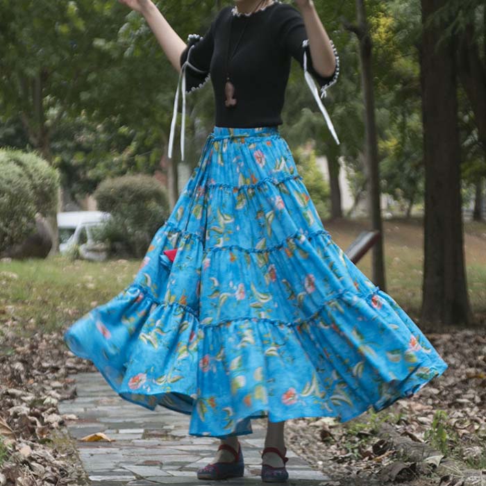 乐天商城 - ロングスカート レディース 夏 綿麻 スカート マキシスカート ロング丈 きれいめ 花柄スカート エスニック風 可愛い ロングスカート Aラインスカート ボトムス ロング 春夏 フレアスカート 大きい裾 キレイめ エレガント オシャレ お洒落 日常 ブルー