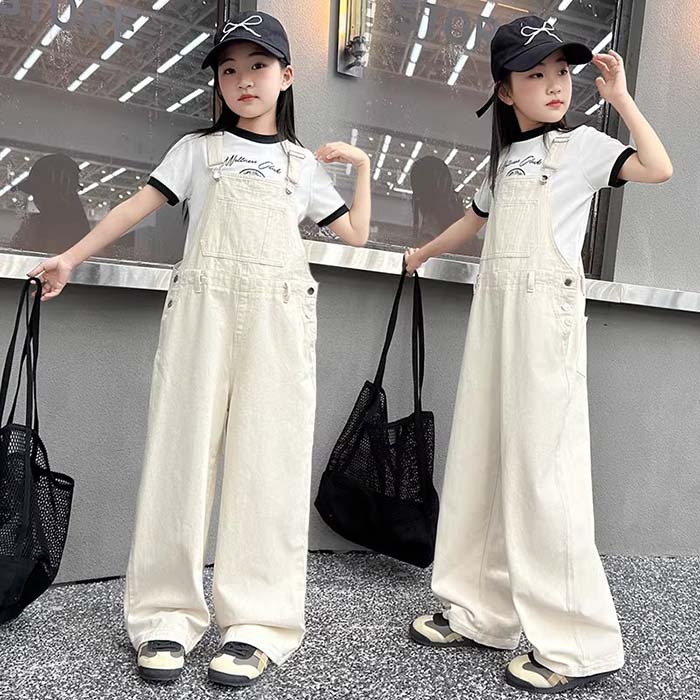 乐天商城 - デニムサロペット 子供服 オーバーオール ジュニア 女の子 デニムオーバーオール サロペット キッズジーンズ カジュアルパンツ デニム ワイドパンツ つなぎ パンツ 長ズボン 春秋 韓国風 キッズ ジュニア 子供服 オーバーオール 120cm-170cm ベージュ