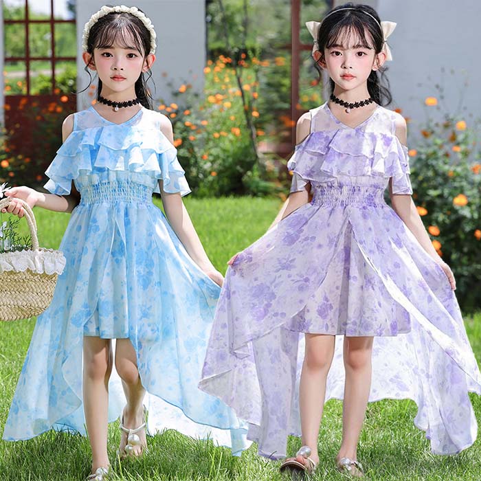 樂天商城 - 女の子 花柄 シフォンワンピース キッズワンピース 夏 薄手 肩出し 子供 ドレス ワンピース マキシワンピース キッズ リゾート サマーワンピース 女の子 Aライン ロングワンピース かわいい 子供服 おしゃれ 涼しい 海 ビーチ 旅行 夏着 120cm-170cm グリーン
