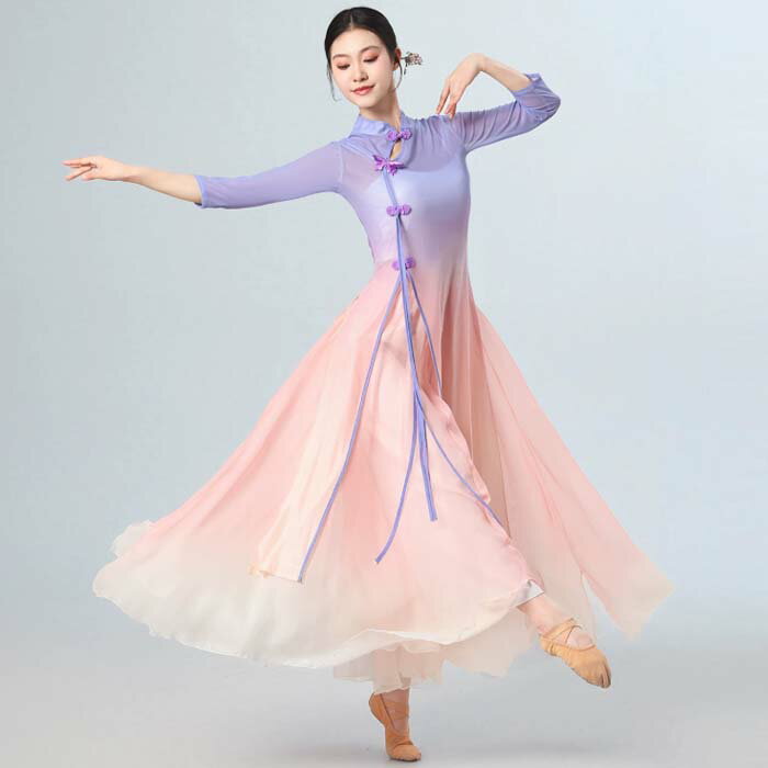 Dance, Gymnastics - 中華ダンス衣装 レディース チャイナ風 舞台衣装 チャイナドレス 7分袖 ロング丈 シースルー ロングワンピース ワンピース ボリュームスカート 上下3点セット 中国古典舞踊 中華民族ダンス 練習着 レッスン着 クラシカル チャイナ風 古典ダンスウェア 舞台 ステージ衣装