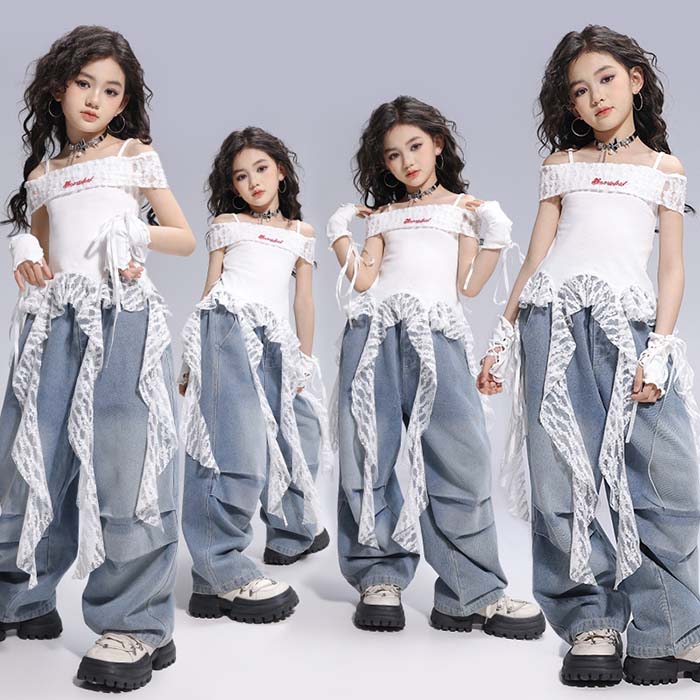 Rakuten - キッズ ダンス 衣装 セットアップ 女の子 ヒップホップダンス ジャズダンス 衣装 レース トップス デニムパンツ 上下セット 子供ダンス衣装 女の子 ガールズ 可愛い ジャズ ダンス 衣装 ダンス 服 HIPHOP キッズ ジュニア 舞台 ステージ衣装 演出服