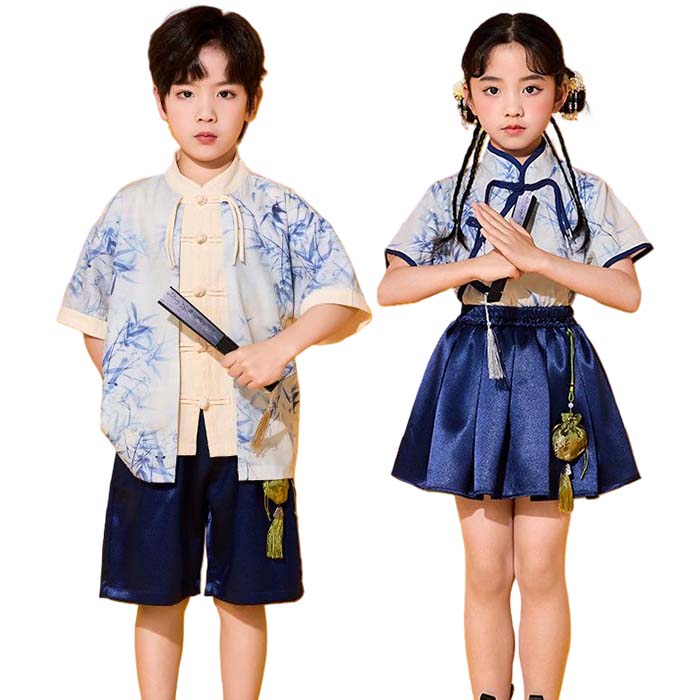 キッズ 子供用 チャイナ風 ダンス衣装 半袖シャツ スカート/ショートパンツ チャイ...