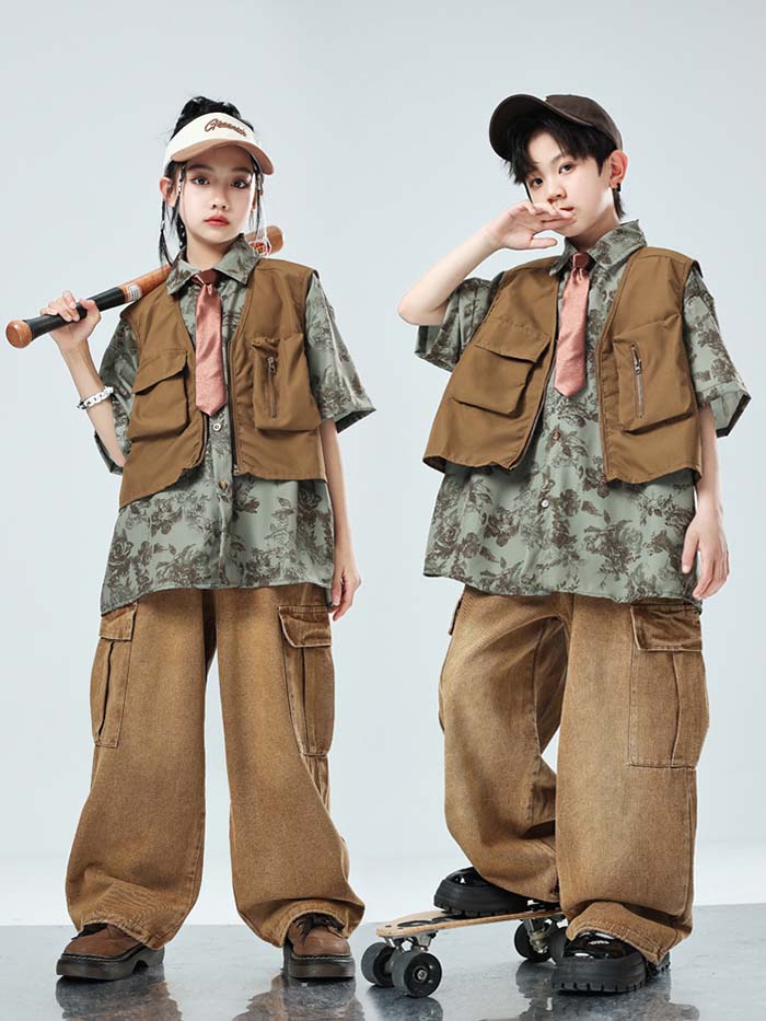 ダンス衣装 キッズ 子供用 ヒップホップ セットアップ 花柄 半袖シャツ ベスト デニムパンツ 男の子 女の子 ジャズダンス ステージ衣装 ダンス 発表会 派手 目立つ 子供ダンス服 ストリートダンス衣装 キッズ ジュニア HIPHOP 舞台衣装 演出服 110-180 単品/セット対応可