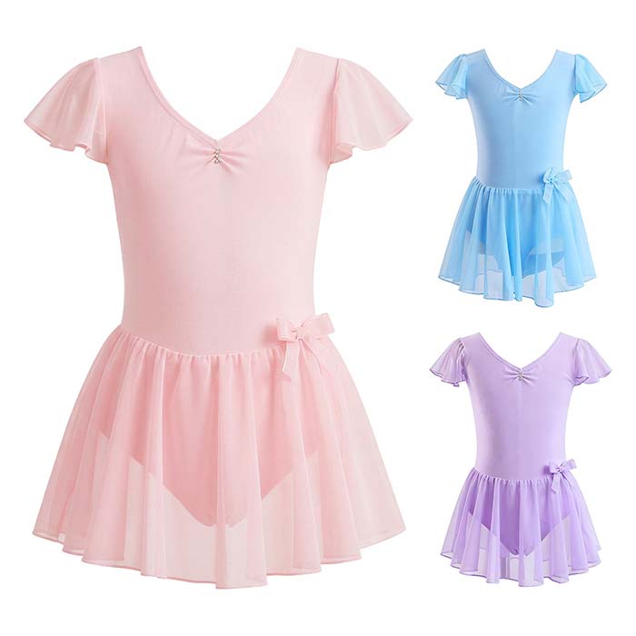 バレエ レオタード キッズ ジュニア 半袖 シフォンスカート付き シンプル 股下スナップ 子供用 バレエレオタード バレエ用品 子供 新体操 レッスン こども レッスン着 練習着 新体操 子供レオタード 110 120 130 140 150 160 ピンク ブルー パープル