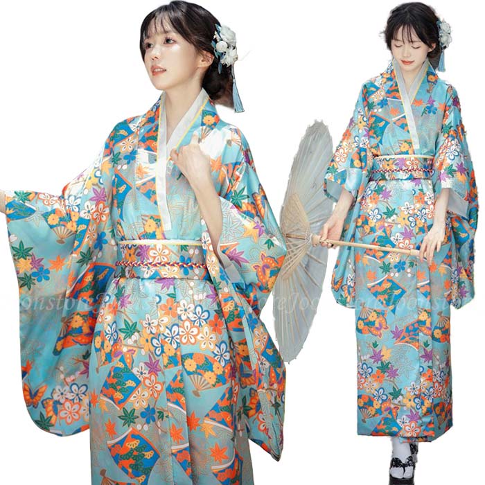花魁コスプレ 着物 ドレス ロング丈 花魁風 仮装 和装 花魁ドレス 浴衣 コスプレ 衣装 和風 女性用 レディース 余興 パーティー イベント コスチューム 和服 和風 和柄 かわいい ロング着物ドレス 着物コスプレ衣装 花魁 おいらん 浴衣 サテン生地 着物風ドレス ブルー