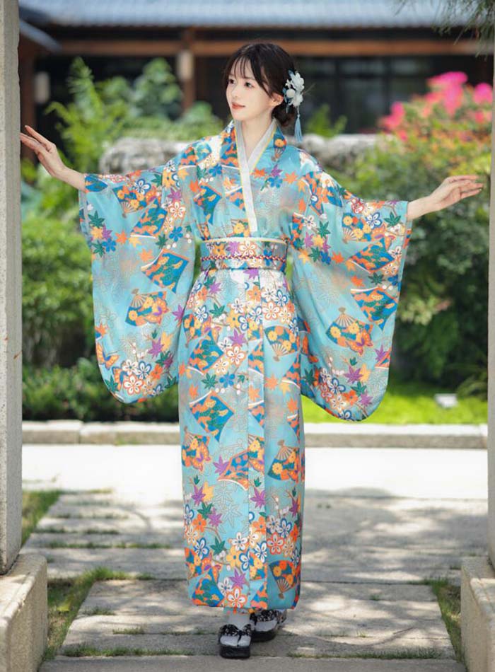 Joon store 楽天市場店の花魁コスプレ 着物 ドレス ロング丈 花魁風 仮装 和装 花魁ドレス 浴衣 コスプレ 衣装 和風 女性用 レディース 余興 パーティー イベント コスチューム 和服 和風 和柄 かわいい ロング着物ドレス 着物コスプレ衣装 花魁 おいらん 浴衣 サテン生地 着物風ドレス ブルー｜アングル2