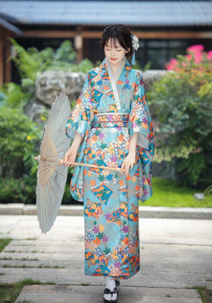 Joon store 楽天市場店の花魁コスプレ 着物 ドレス ロング丈 花魁風 仮装 和装 花魁ドレス 浴衣 コスプレ 衣装 和風 女性用 レディース 余興 パーティー イベント コスチューム 和服 和風 和柄 かわいい ロング着物ドレス 着物コスプレ衣装 花魁 おいらん 浴衣 サテン生地 着物風ドレス ブルー｜アングル3