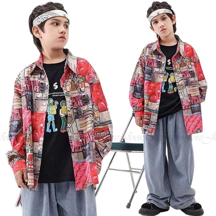総柄 長袖シャツ 子供服 キッズ 花柄シャツ ダンス衣装 派手 ヒップホップ 黒 半袖tシャツ 110cm 120cm 130cm 140cm 150cm 160cm 170cm ガールズ 女の子 男の子 ダンス衣装 トップス ヒップホップ シャツ 前開き 上着 ユニセックス 舞台 ステージ衣装