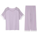 ルームウェア パジャマ レディース 部屋着 寝間着 袖レース 襟なし ストレッチ 上下セット 半袖 7分丈パンツ ナイトウェア 無地 シンプル 襟レース 女性 ...