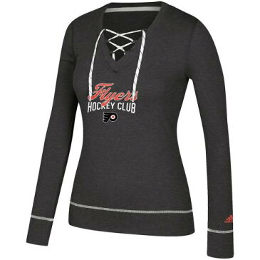 アディダス ADIDAS アディダス 黒色 ブラック フィラデルフィア フライヤーズ スケート スリーブ Vネック Tシャツ 長袖 【 SKATE SLEEVE ADIDAS HEATHERED BLACK THROUGH LACEUP VNECK TSHIRT FLY CHARCO 】 レディ