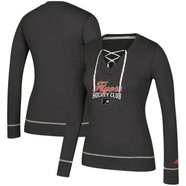 アディダス ADIDAS アディダス 黒色 ブラック フィラデルフィア フライヤーズ スケート スリーブ Vネック Tシャツ 長袖 【 SKATE SLEEVE ADIDAS HEATHERED BLACK THROUGH LACEUP VNECK TSHIRT FLY CHARCO 】 レディ