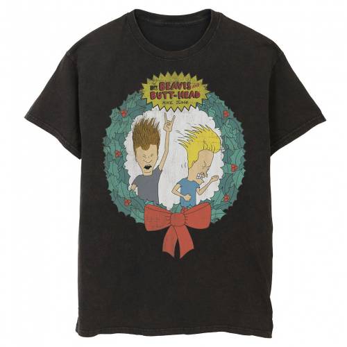 キャラクター クリスマス Tシャツ 【 LICENSED CHARACTER CARTOON NETWORK BEAVIS AND BUTTHEAD CHRISTMAS WREATH TEE / 】 メンズファッション トップス カットソー