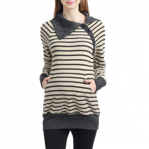 スウェットシャツ トレーナー 黒色 ブラック ベージュ 【 POKKORI MATERNITY STRIPED ENVELOPE COLLAR SWEATSHIRT BLACK BEIGE 】