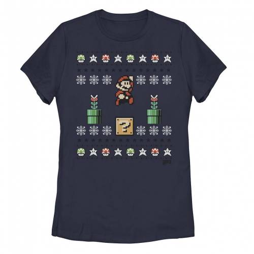 キャラクター クリスマス トレーナー Tシャツ 紺色 ネイビー 【 LICENSED CHARACTER SUPER MARIO CHRISTMAS 8-BIT UGLY SWEATER STYLE TEE / NAVY 】 キッズ ベビー マタニティ トップス カットソー