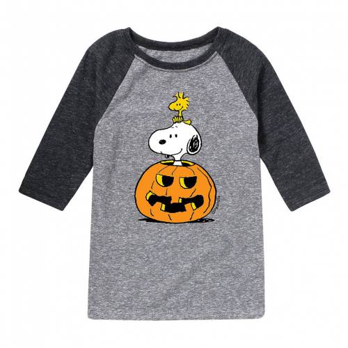 キャラクター ラグラン Tシャツ 灰色 グレー グレイ 【 GRAY LICENSED CHARACTER PEANUTS SNOOPY WOODSTOCK HALLOWEEN RAGLAN TEE 】