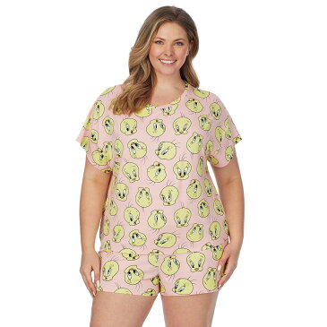 キャラクター スリーブ ピンク 半袖 & 【 SLEEVE PINK LICENSED CHARACTER PLUS SIZE LOONEY TUNES TWEETY BIRD PAJAMA TOP BOXER SHORT SLEEP SET 】