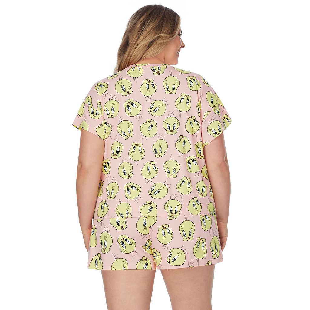 キャラクター スリーブ ピンク 半袖 & 【 SLEEVE PINK LICENSED CHARACTER PLUS SIZE LOONEY TUNES TWEETY BIRD PAJAMA TOP BOXER SHORT SLEEP SET 】