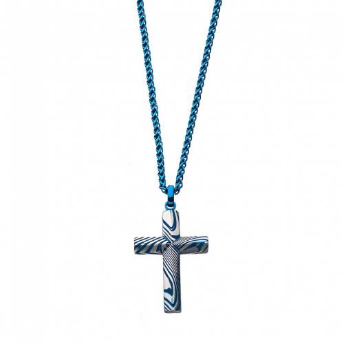 ステンレス 銀色 スチール ネックレス 青色 ブルー 【 UNBRANDED TWO TONE STAINLESS STEEL DAMASCUS CROSS PENDANT NECKLACE / BLUE 】 ジュエリー アクセサリー メンズジュエリー ペンダント