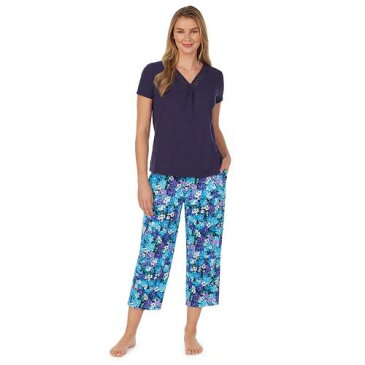 CROFT & BARROW 【小さめ】 スリーブ 紺色 ネイビー & 半袖 【 SLEEVE CROFT BARROW PETITE LACE PAJAMA TOP CAPRI SET NAVY FLORAL 】 インナー 下着 ナイトウエア レディース ナイト ルーム パジャマ
