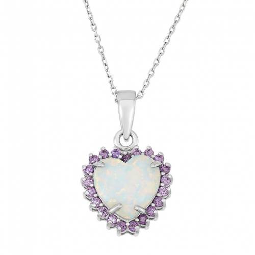 銀色 シルバー 紫 パープル & 【 UNBRANDED STERLING SILVER LAB-CREATED OPAL CUBIC ZIRCONIA HEART HALO PENDANT / PURPLE 】 ジュエリー アクセサリー レディースジュエリー ネックレス ペンダント