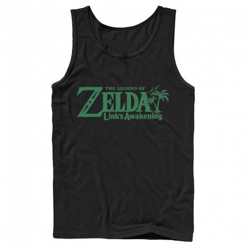 キャラクター レジェンド 緑 グリーン ロゴ タンクトップ 黒色 ブラック 【 LICENSED CHARACTER NINTENDO LEGEND OF ZELDA LINKS AWAKENING PALM TREE GREEN TEXT LOGO TANK TOP / BLACK 】 メンズファッション トップス