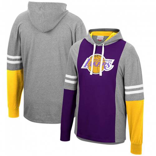 【あす楽】 ミッチェル ネス MITCHELL NESS ロサンゼルス レイカーズ フーディー パーカー グレー パープル 長袖 【 LAKERS SLEEVE UNBRANDED HEATHERED GRAY PURPLE COLOR BLOCKED HOODIE TSHIRT LAK GREY 】