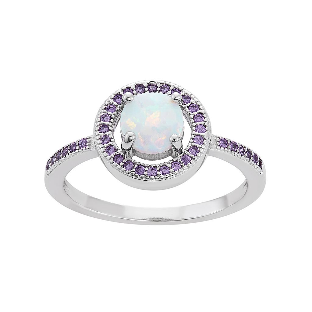 ジルコニア 銀色 シルバー 紫 パープル & 【 UNBRANDED STERLING SILVER LAB-CREATED OPAL CUBIC ZIRCONIA HALO RING / PURPLE 】 ジュエリー アクセサリー レディースジュエリー 指輪 リング