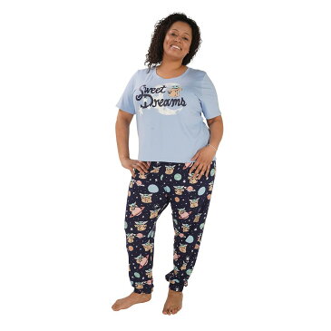 キャラクター スリーブ 青色 ブルー 半袖 & 【 SLEEVE LICENSED CHARACTER PLUS SIZE NITE BY MUNKI GROGU PAJAMA TOP PANTS SET BLUE OUTER SPACE 】