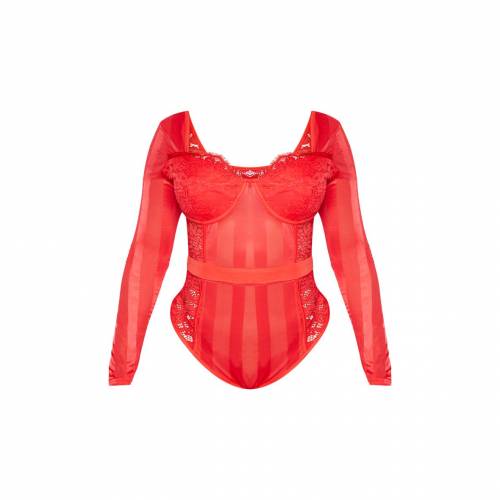 PURE ピュア スリーブ ストライプ ボディースーツ 赤 レッド 長袖 【 SLEEVE STRIPE RED PURE PRETTYLITTLETHING SHAPE LACE MESH BODYSUIT 】 レディースファッション トップス