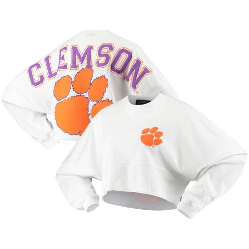 スピリットジャージー ジャージー クレムソン スリーブ Tシャツ レディース 白色 ホワイト 長袖 WOMEN'S 【 SPIRIT JERSEY SPIRIT JERSEY CLEMSON RAW HEM CROPPED LONG SLEEVE T-SHIRT - / WHITE 】 レディースファッシ