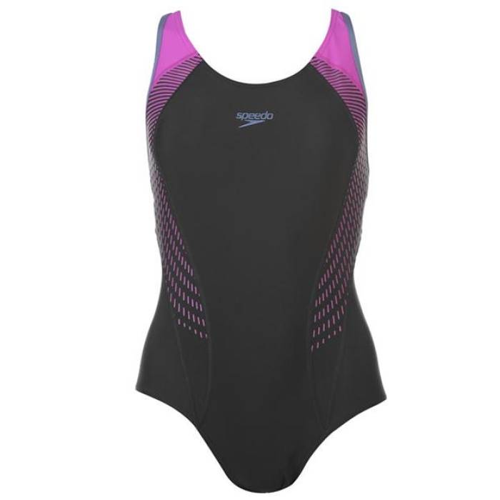 ԡ Speedo  Fit Laneback Swimsuit Ladies Women Black/Diva/Grey   ...
