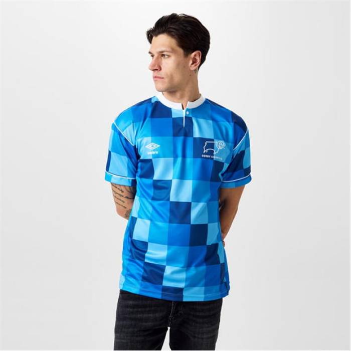 Score Draw 【 Derby County 1988 Retro Away Shirt Adults Men Blue 】 レトロ スポーツ アウトドア...