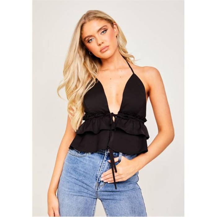 Missy Empire 【 Tie Front Top Women Black 】 ネクタイ レディース 黒色 ブラック