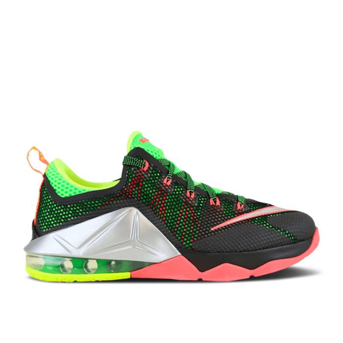 ʥ Nike  Lebron 12 Low Gs 'Remix' Youth Black/Green Strike-Volt-Meta...