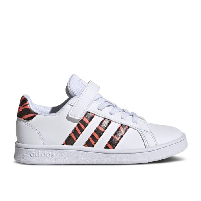 アディダス Adidas 【 Grand Court J 'Tiger Stripes' Youth Cloud White/Core Black/Acid R...