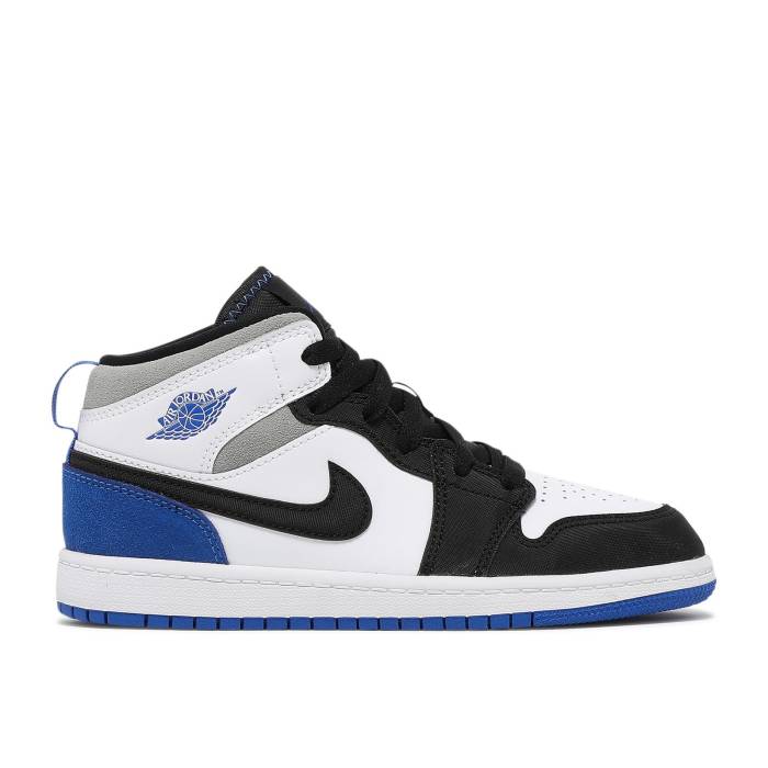 楽天スニケスナイキ　エアジョーダン Air Jordan 【 Jordan 1 Mid Se Ps 'Royal Black Toe' Youth White/Black/Light Solar Flare Heather/Hyper Royal 】 ミッド 黒色 ブラック キッズ ベビー マタニティ キッズファッション 靴 スニー