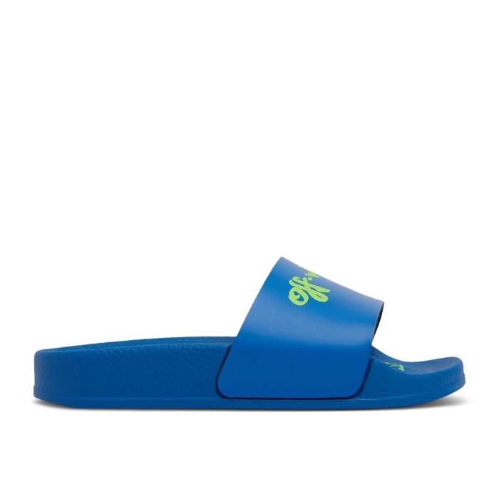 եۥ磻 Off-White  Logo Pool Sliders Kids 'Bright Blue' Youth Blue/Gre...