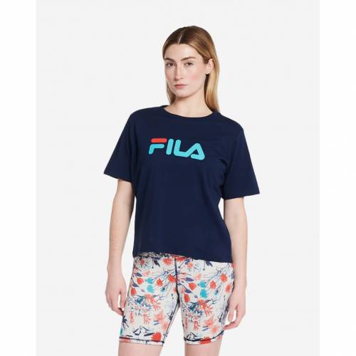 フィラ Tシャツ 紺色 ネイビー 橙 オレンジ レディース 【 ORANGE FILA THEA TEE NAVY PORCELAIN 】