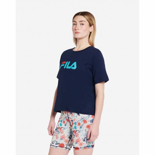 フィラ Tシャツ 紺色 ネイビー 橙 オレンジ レディース 【 ORANGE FILA THEA TEE NAVY PORCELAIN 】