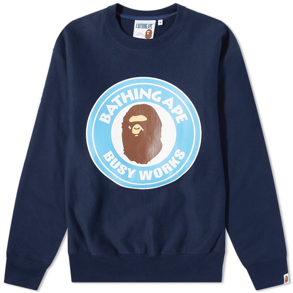 アベイシングエイプ クラシック クルー スウェット 紺色 ネイビー スウェットトレーナー メンズ 【 A BATHING APE A BATHING APE CLASSIC BUSY WORKS RELAXED FIT CREW SWEAT / NAVY 】 メンズファッション トップ