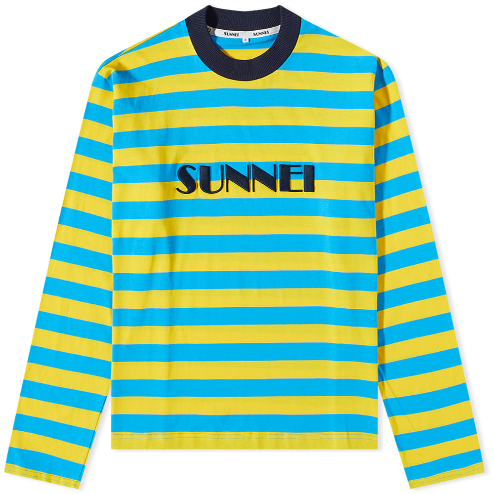 スリーブ ロゴ Tシャツ 黄色 イエロー 青色 ブルー ストライプ 長袖 & メンズ 【 SUNNEI LONG SLEEVE EMBROIDERED LOGO T-SHIRT / YELLOW & BLUE STRIPE 】 メンズファッション トップス カットソー