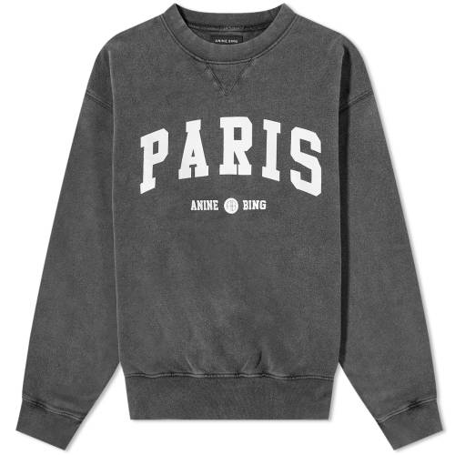 クルー スウェット 黒色 ブラック スウェットトレーナー レディース 【 ANINE BING ANINE BING RAMONA UNIVERSITY PARIS CREW SWEAT / WASHED BLACK 】 レディースファッション トップス