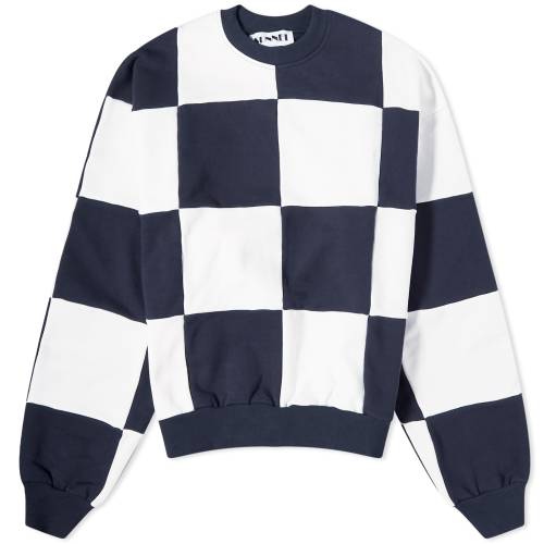 クルー トレーナー 白色 ホワイト 青色 ブルー スウェットトレーナーER & レディース 【 SUNNEI DAMA PATCHWORK CREW SWEATER / OFF WHITE & DARK BLUE 】 レディースファッション トップス ニット セーター