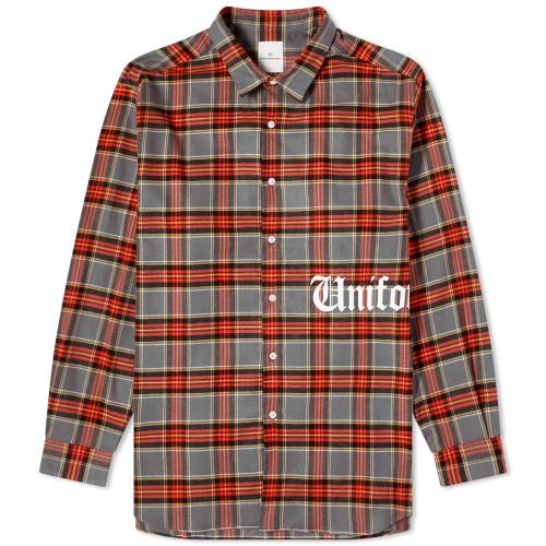 jtH[GNXyg S DF O[ Y y UNIFORM EXPERIMENT UNIFORM EXPERIMENT GOTHIC LOGO FLANNEL SHIRT / GREY z Yt@bV gbvX