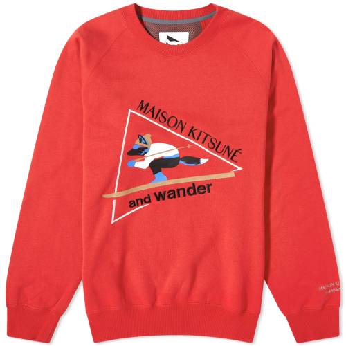 アンドワンダー クルー スウェット 赤 レッド スウェットトレーナー メンズ 【 AND WANDER AND WANDER X MAISON KITSUNE CREW SWEAT / RED 】 メンズファッション トップス