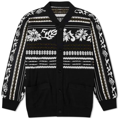 サカイ カーディガン 黒色 ブラック 白色 ホワイト & メンズ 【 SACAI FLORAL JACQUARD CARDIGAN / BLACK & OFF WHITE 】 メンズファッション トップス